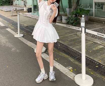 Mini Pleated Shirt Dress Short-Sleeve Plain