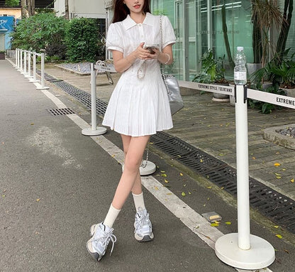 Mini Pleated Shirt Dress Short-Sleeve Plain