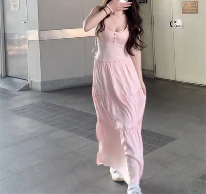 Plain Neck A-Line Strap Spaghetti Dress Scoop Maxi