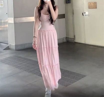 Plain Neck A-Line Strap Spaghetti Dress Scoop Maxi