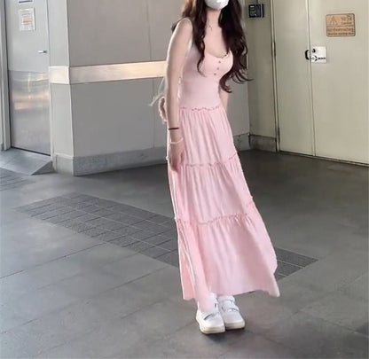 Plain Neck A-Line Strap Spaghetti Dress Scoop Maxi