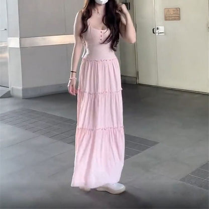 Plain Neck A-Line Strap Spaghetti Dress Scoop Maxi
