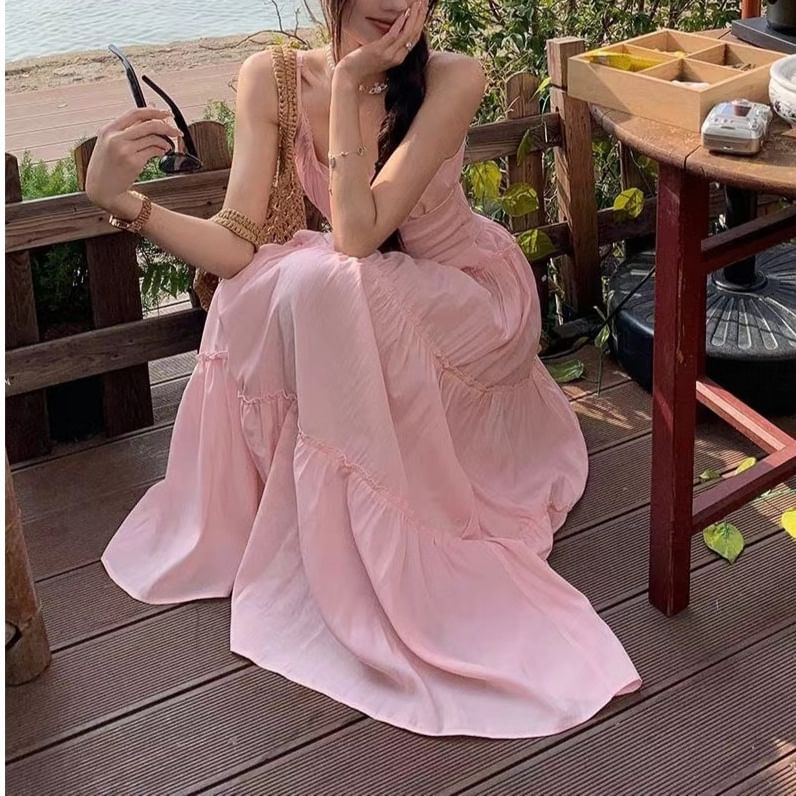 Plain Neck A-Line Strap Spaghetti Dress Scoop Maxi