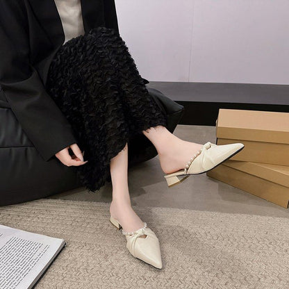 Mules Pearl Chunky Toe Faux Pointed Knot Heel