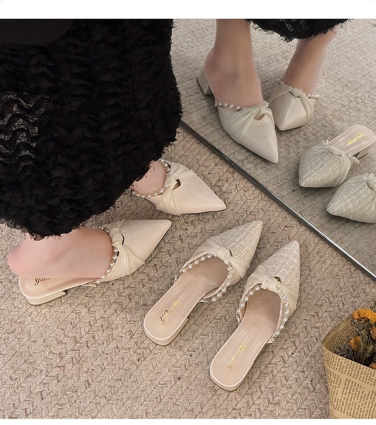 Mules Pearl Chunky Toe Faux Pointed Knot Heel