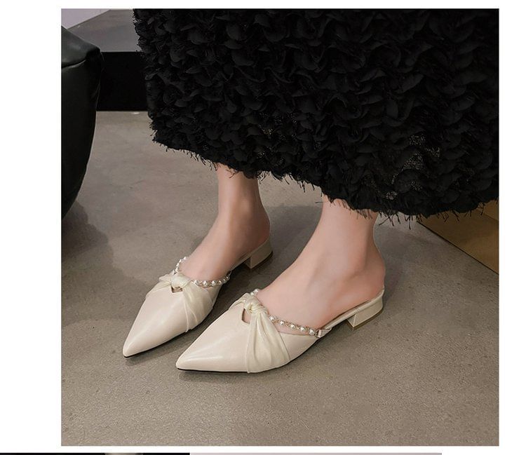 Mules Pearl Chunky Toe Faux Pointed Knot Heel
