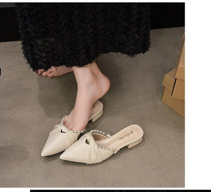 Mules Pearl Chunky Toe Faux Pointed Knot Heel