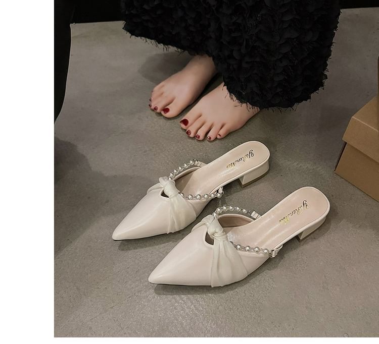 Mules Pearl Chunky Toe Faux Pointed Knot Heel