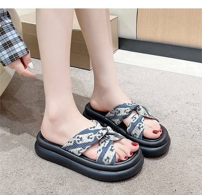 Knot Print Cross Criss Sandals Slide Platform