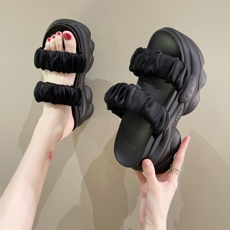Strap Platform Plain Ruched Slide Sandals