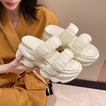 Strap Platform Plain Ruched Slide Sandals