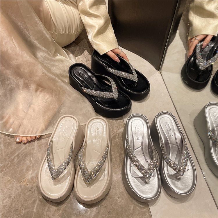 Rhinestone Flip-Flops Heel Platform Wedge