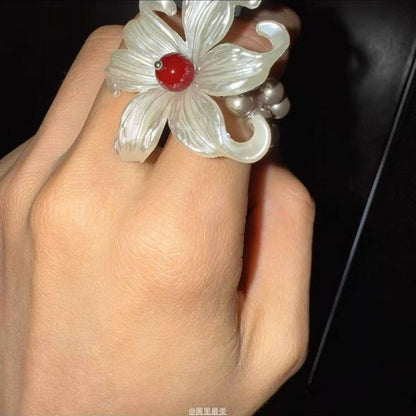 Faux Floral Pearl Elastic Ring Alloy