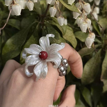 Faux Floral Pearl Elastic Ring Alloy