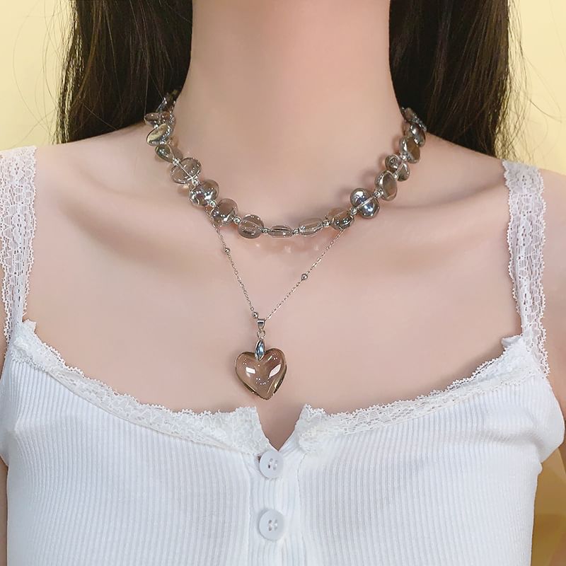 Choker Crystal Faux Pendant Station Heart