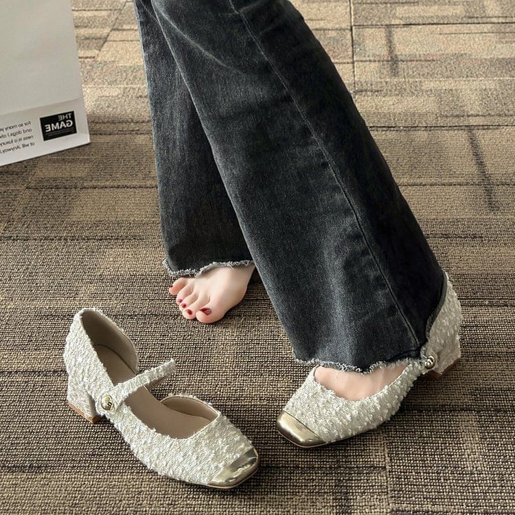 Block Tweed Toe Mary Sequin Heel Pumps Square Jane