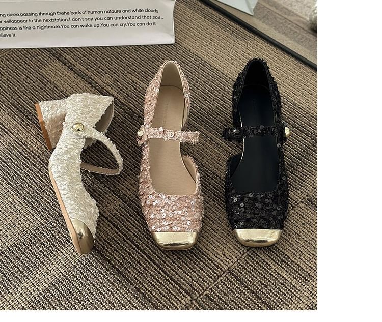 Block Tweed Toe Mary Sequin Heel Pumps Square Jane