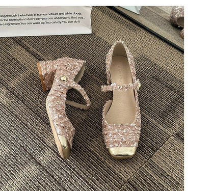 Block Tweed Toe Mary Sequin Heel Pumps Square Jane