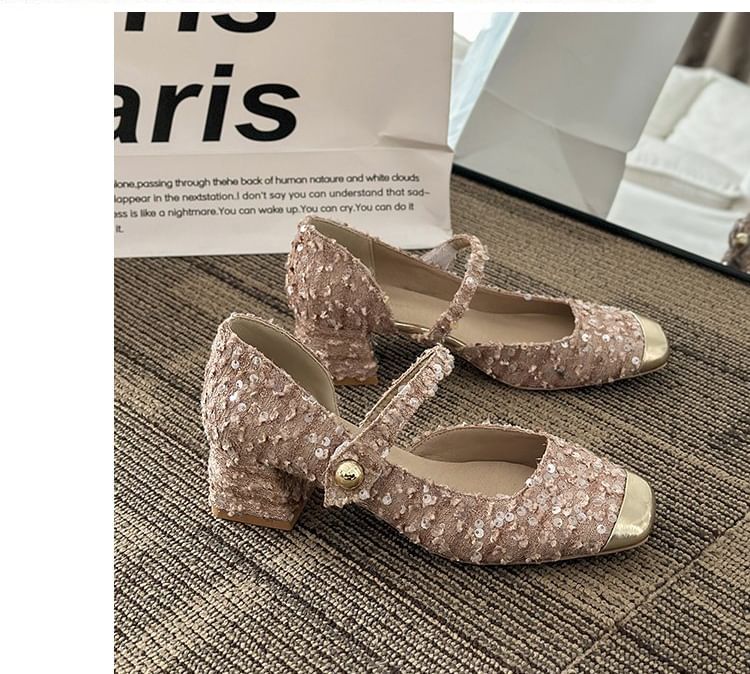 Block Tweed Toe Mary Sequin Heel Pumps Square Jane