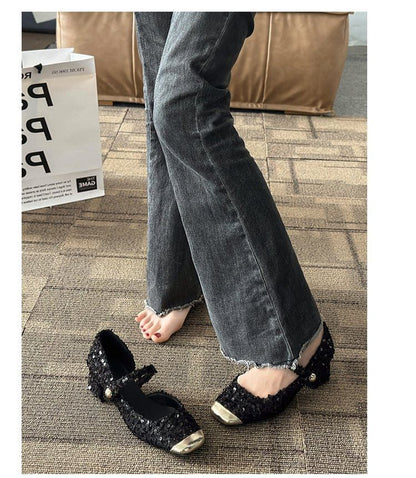 Block Tweed Toe Mary Sequin Heel Pumps Square Jane