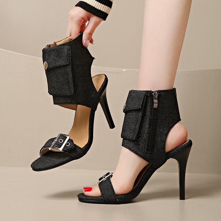 Denim Boot High Sandals Heel Buckled