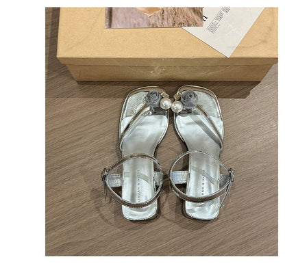 Block Sandals Flower Pearl Heel Faux