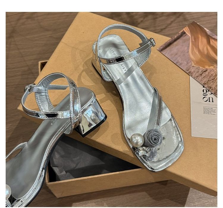 Block Sandals Flower Pearl Heel Faux