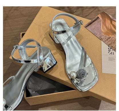 Block Sandals Flower Pearl Heel Faux