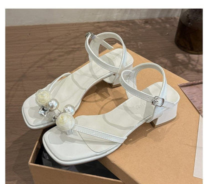 Block Sandals Flower Pearl Heel Faux