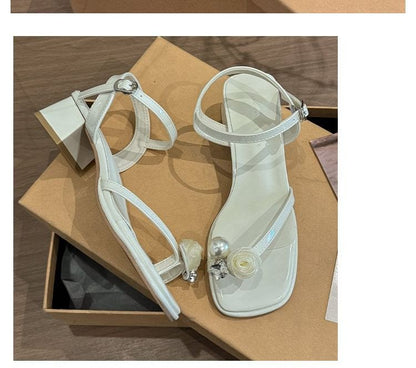 Block Sandals Flower Pearl Heel Faux