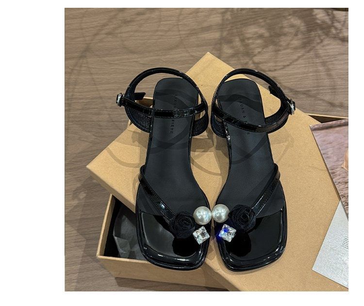 Block Sandals Flower Pearl Heel Faux