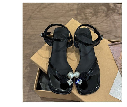 Block Sandals Flower Pearl Heel Faux
