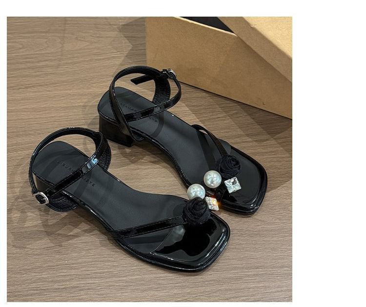 Block Sandals Flower Pearl Heel Faux