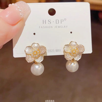 Faux Drop CZ Flower Pearl Earring