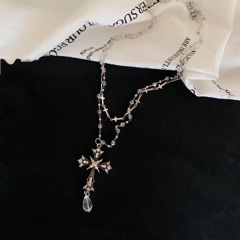Necklace Layered CZ Cross Pendant Bead