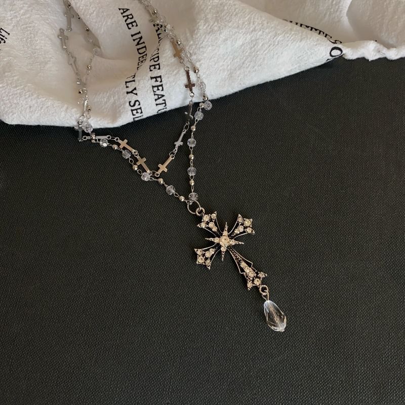 Necklace Layered CZ Cross Pendant Bead