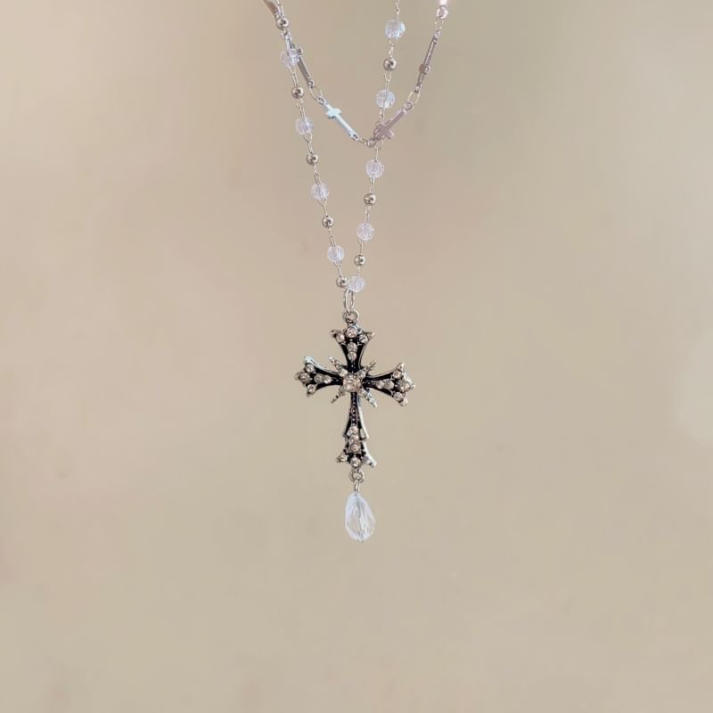 Necklace Layered CZ Cross Pendant Bead