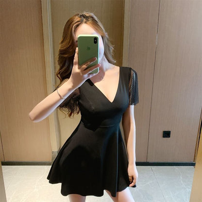 A-Line Short-Sleeve Mini V-Neck Mesh Dress
