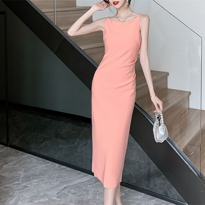 Sheath Plain Midi Sleeveless Dress
