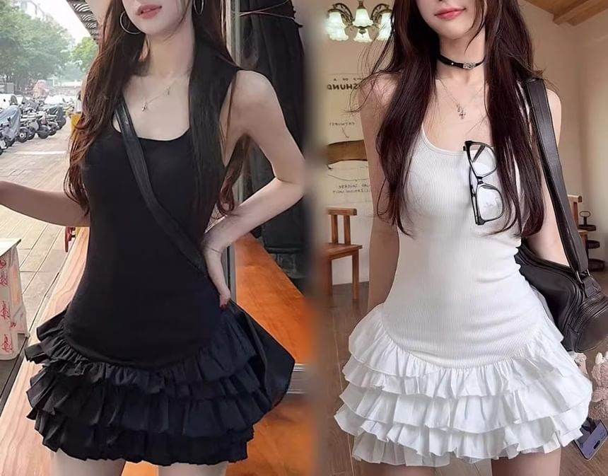 Plain Sleeveless Tiered Mini Dress