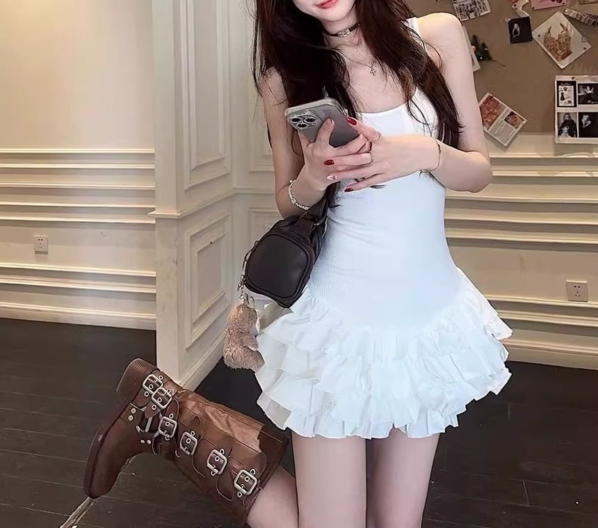Plain Sleeveless Tiered Mini Dress