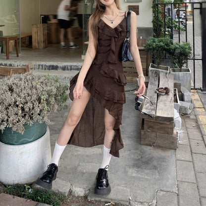 A-Line Asymmetrical V-Neck Sleeveless Dress