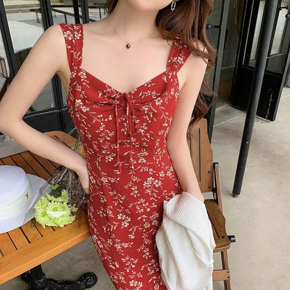 Sleeveless Sheath Floral Print Dress V-Neck Maxi