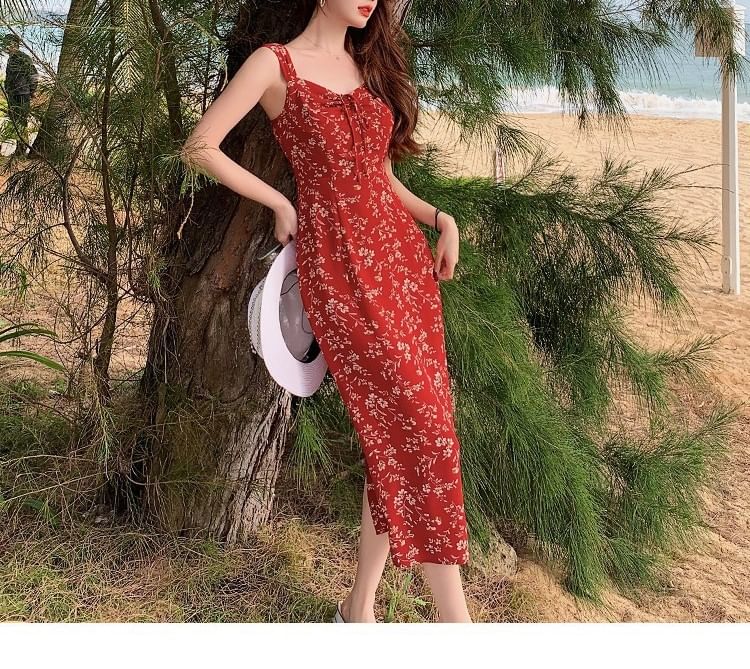 Sleeveless Sheath Floral Print Dress V-Neck Maxi
