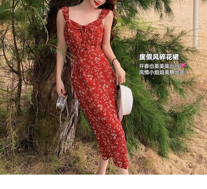 Sleeveless Sheath Floral Print Dress V-Neck Maxi