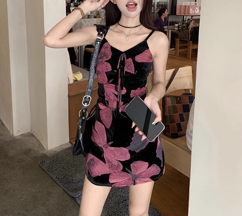 (Various Dress Print A-Line V-Neck Strap Floral Spaghetti Designs)