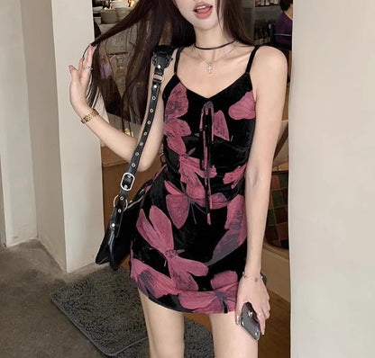 (Various Dress Print A-Line V-Neck Strap Floral Spaghetti Designs)