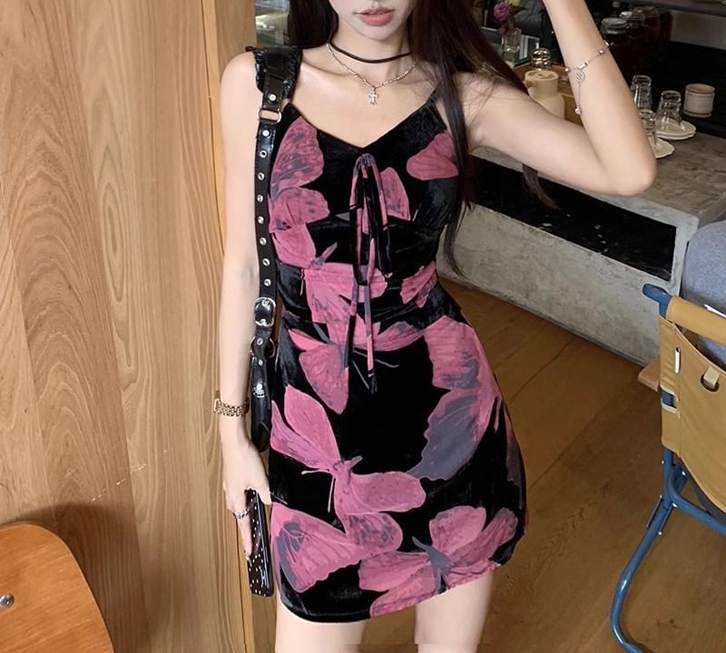 (Various Dress Print A-Line V-Neck Strap Floral Spaghetti Designs)