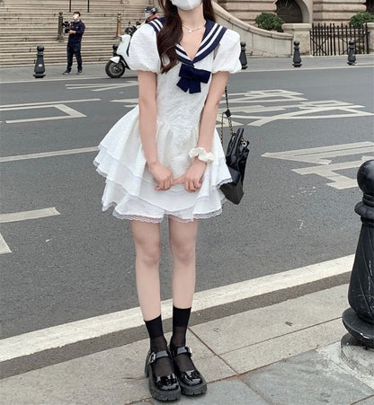 Dress Short-Sleeve Mini Collar Sailor A-Line