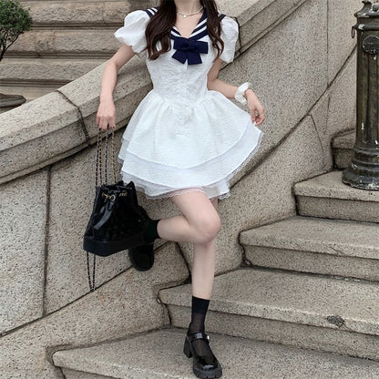 Dress Short-Sleeve Mini Collar Sailor A-Line